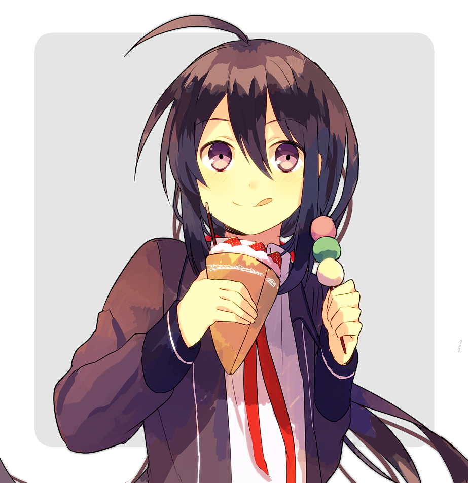 1boy, :q, ahoge, black_hair, crepe, dango, food, hage_ta