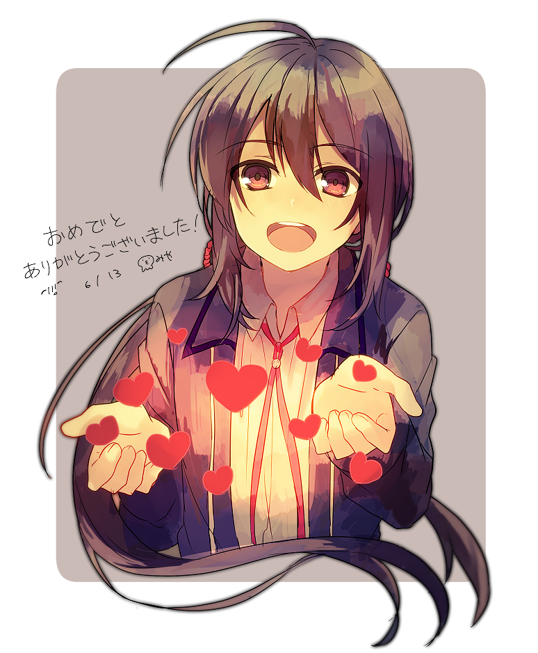 1boy, :d, ahoge, black_hair, hage_ta, heart, male_focus, namazuo_toushirou