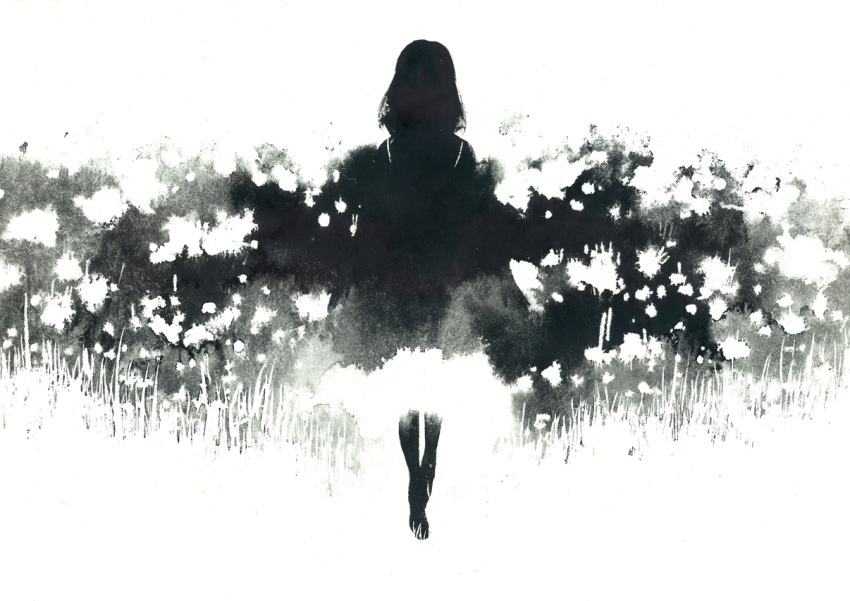 1girl, barefoot, field, flower, flower_field, greyscale, monochrome, negative, nove_(tsuji), original, silhouette, solo, white