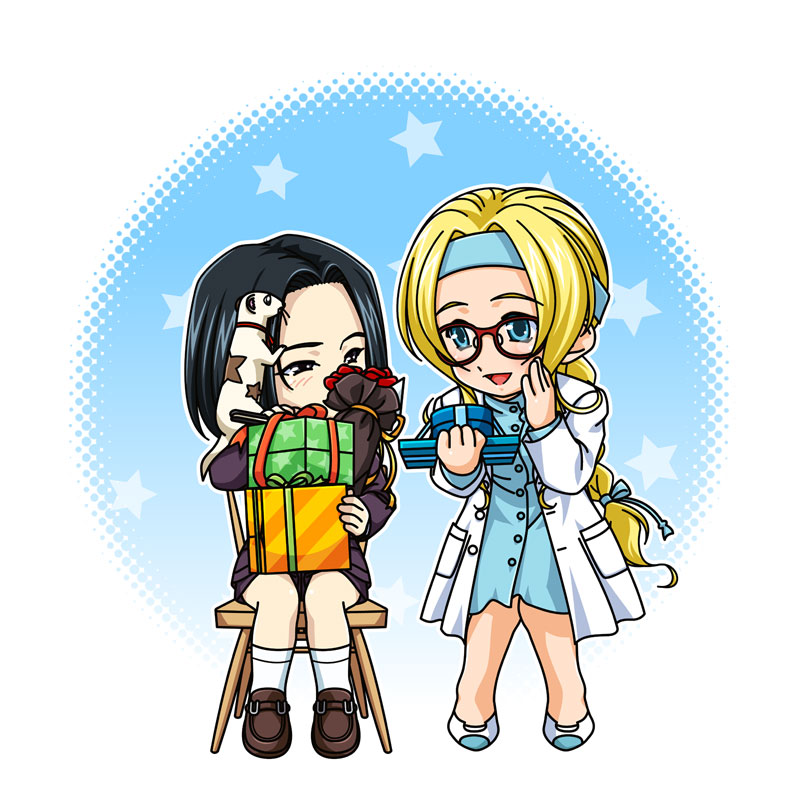 2girls, black_eyes, black_hair, blonde_hair, blue_eyes, box, chair, diana_caprice