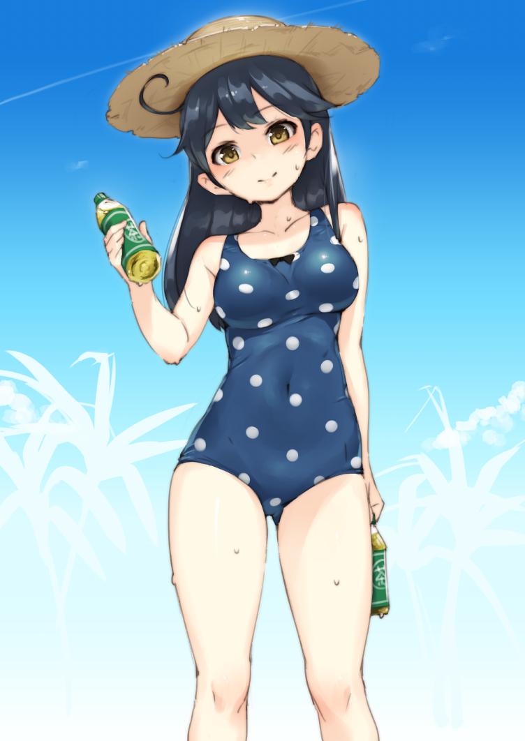 black_hair, bottle, breasts, hat, kantai_collection, long_hair, neo-masterpeacer, one-piece_swimsuit