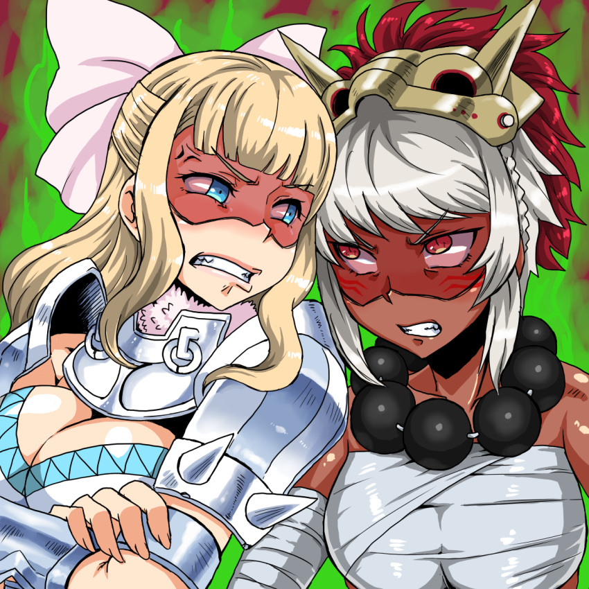 2girls, bandaged_arm, blonde_hair, blue_eyes, breasts, charlotte_(fire_emblem_if), cleavage, dark_skin