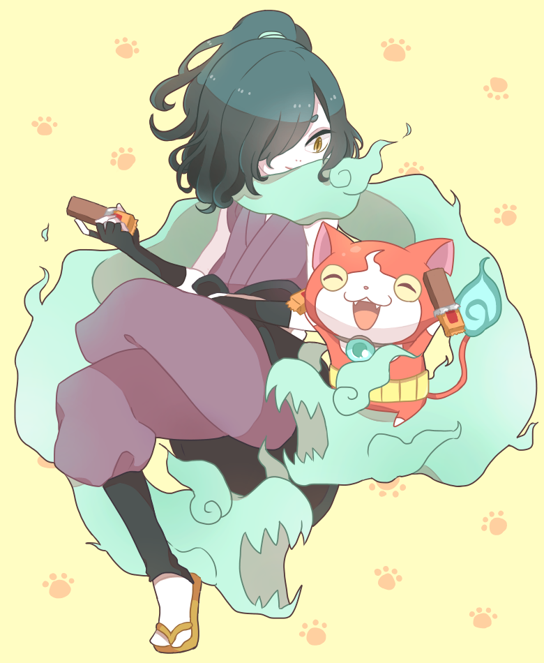 1boy, black_gloves, candy_bar, cat, chocoboo, chuka_(runrunmynmyn), closed_eyes, fangs