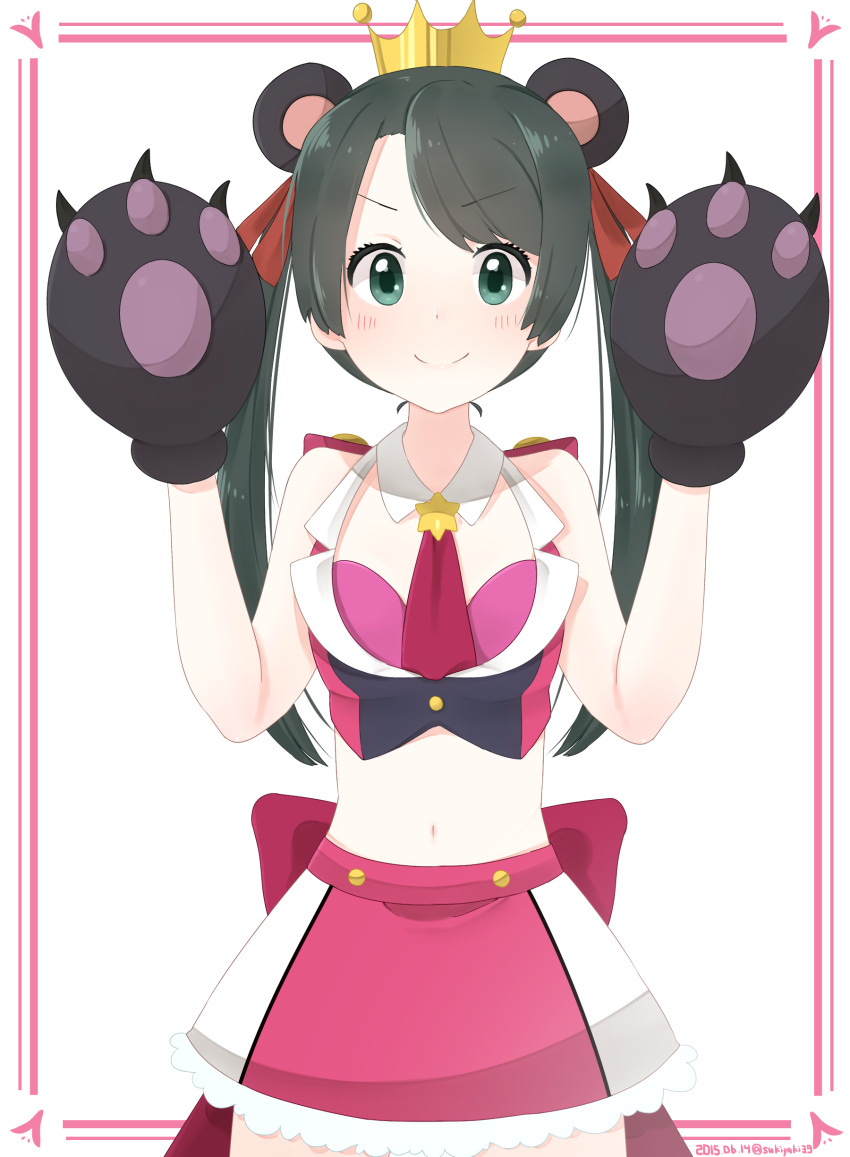 >:), 1girl, absurdres, animal_ears, bear_ears, black_hair, blush, cowboy_shot, crown, dated, gloves, green_eyes, hair_ribbon, highres, kantai_collection, looking_at_viewer, mikuma_(kantai_collection), navel, paw_gloves, ribbon, stomach, twintails, twitter_username, white_background, yukichi_(sukiyaki39), yuri_kuma_arashi, yurishiro_ginko, yurishiro_ginko_(cosplay)