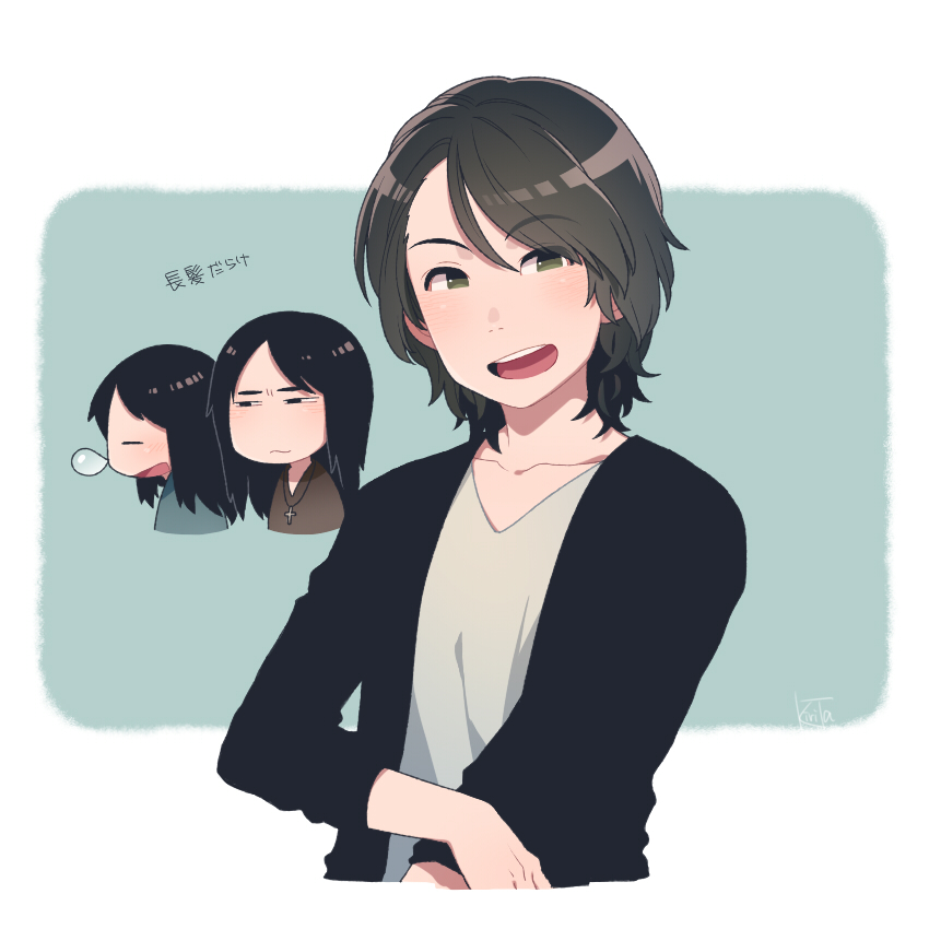 3boys, :d, akutsu_tooru, black_eyes, black_hair, chibi_inset, cross, cross_necklace, green_eyes, hirasawa_susumu, jacket, kiri_futoshi, long_hair, looking_at_viewer, male_focus, mandrake_(band), multiple_boys, nose_bubble, open_mouth, sleeping, smile, tanaka_yasumi, v-neck, younger