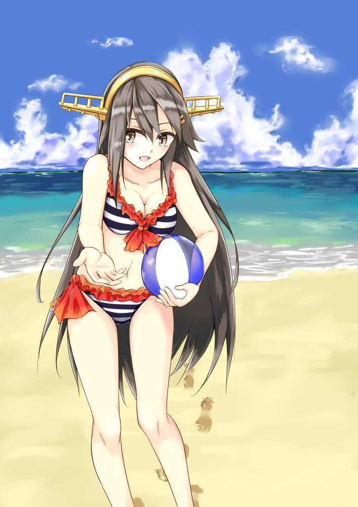 1girl, ball, beach, beachball, bikini, black_hair, blue_sky, breasts