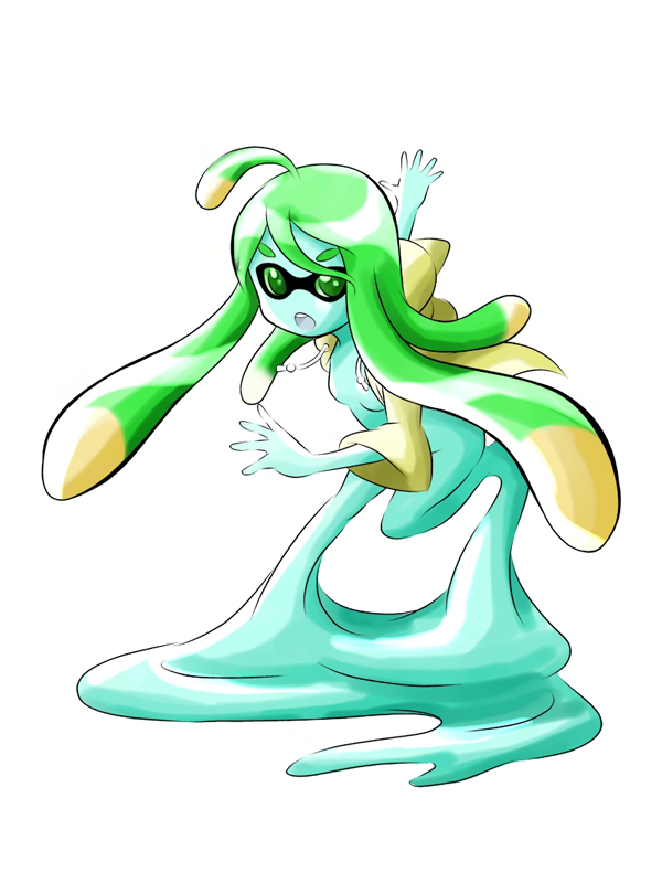 1girl, ahoge, blue_skin, full_body, goo_girl, gradient_hair, green_eyes, green_hair