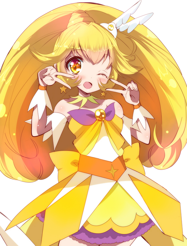 1girl, ;d, bare_shoulders, blonde_hair, blush, choker, cosplay, cure_peace