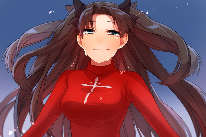 1girl, black_hair, blue_eyes, breasts, fate/stay_night, fate_(series), long_hair, looking_at_viewer