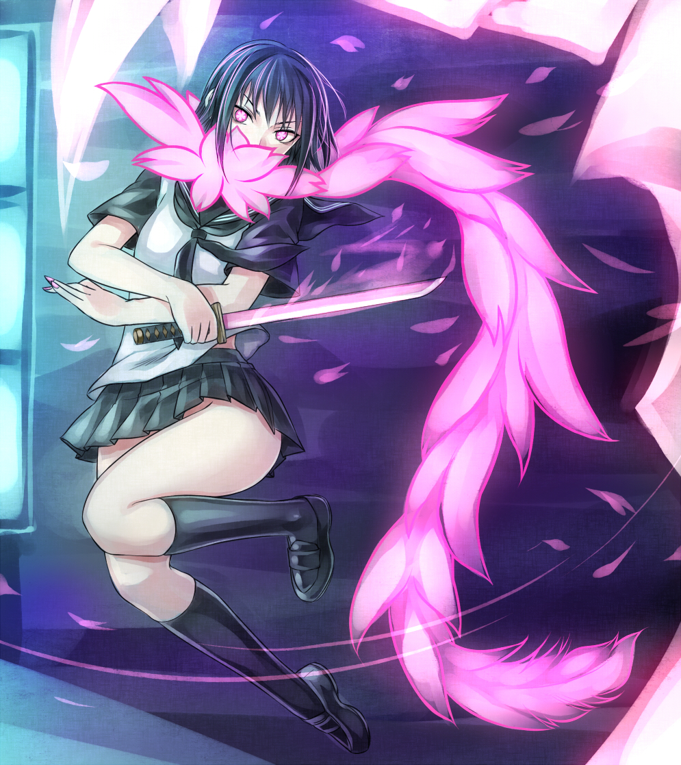 1girl, black_hair, black_legwear, black_skirt, cherry_blossoms, holding_weapon, looking_at_viewer, miniskirt