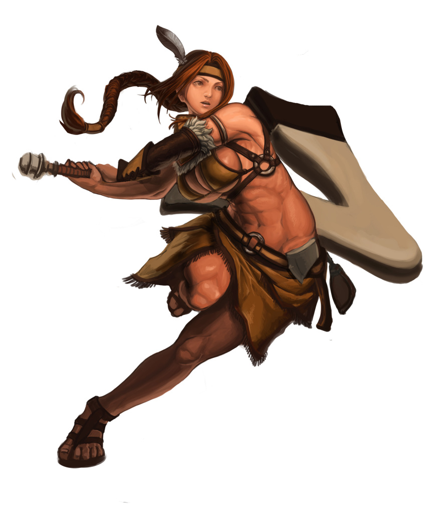 abs, absurdres, axe, breasts, brown_eyes, brown_hair, canteen, detached_sleeves, head_feathers, headband, highres, holding_weapon, huge_weapon, indian, indian_clothes, large_breasts, long_hair, looking_to_the_side, low-tied_long_hair, midriff, muscle, native_american, original, ribs, sandals, sideboob, six_pack, skirt, throwing, throwing_stick, tomahawk, under_boob, warrior, weapon, wolflamb