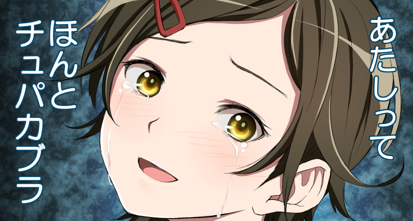 1girl, brown_hair, close-up, crying, crying_with_eyes_open, hair_ornament, hairclip, head_tilt