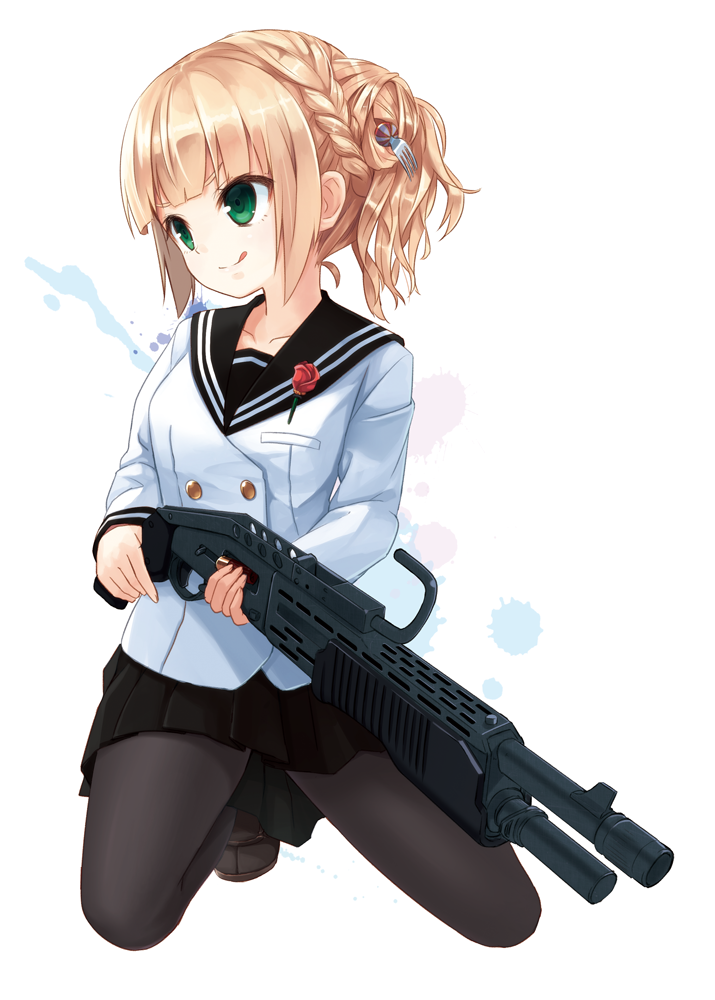 1girl, :q, black_legwear, blonde_hair, braid, fork, fork_hair_ornament, green_eyes