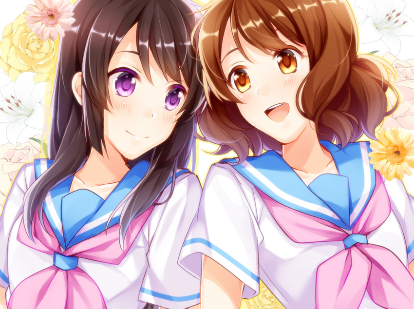 2girls, black_hair, brown_hair, colored_eyelashes, curly_hair, flower, hibike!_euphonium, konase_(non_stop!)