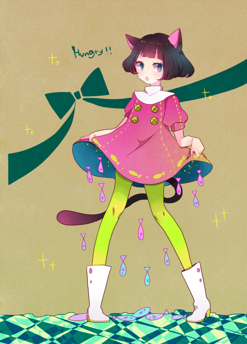 1girl, abstract, animal_ears, bangs, black_hair, blunt_bangs, boots, bow