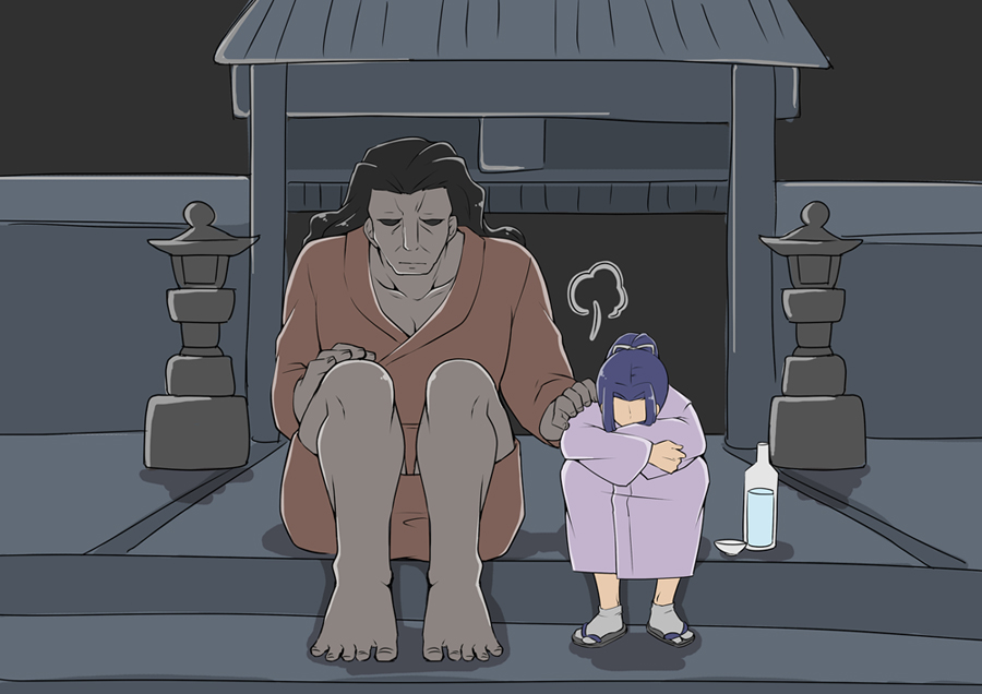 2boys, assassin_(fate/stay_night), barefoot, berserker, black_hair, blue_hair, bottle, fate/stay_night