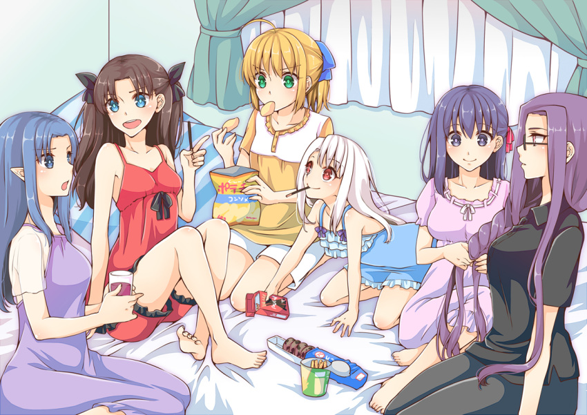 6+girls, :d, adjusting_another's_hair, ahoge, artoria_pendragon_(all), barefoot, blonde_hair, blue_eyes, blue_hair, brown_hair, caster, chips, emiya-san_chi_no_kyou_no_gohan, fate/stay_night, fate_(series), glass, green_eyes, hair_ribbon, illyasviel_von_einzbern, long_hair, matou_sakura, medea_(fate)_(all), medusa_(fate)_(all), mouth_hold, multiple_girls, open_mouth, pajamas, pocky, pointy_ears, purple_hair, red_eyes, ribbon, rider, saber, short_hair, sitting, smile, tohsaka_rin, toosaka_rin, twintails, type-moon, wankoba