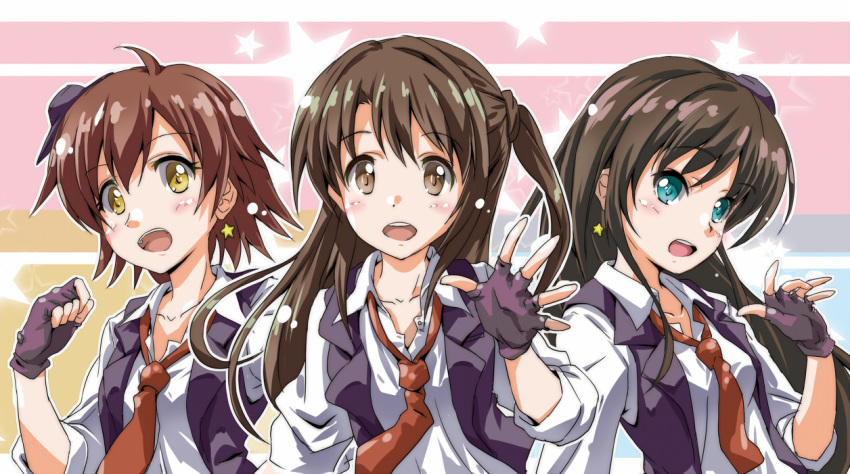 3girls, blue_eyes, brown_eyes, brown_hair, fingerless_gloves, gloves, honda_mio, idolmaster