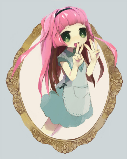 1girl, apron, bangs, frame, green_eyes, grey_background, hairband, lace-trimmed_apron