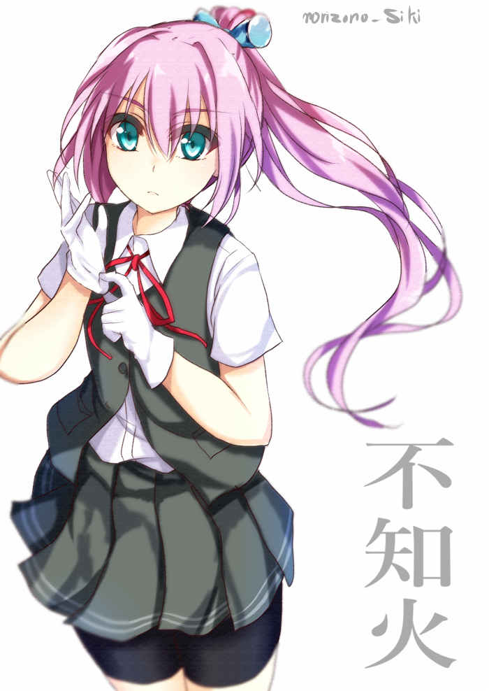 1girl, adjusting_clothes, adjusting_gloves, alternate_hair_length, alternate_hairstyle, aqua_eyes, artist_name, bike_shorts