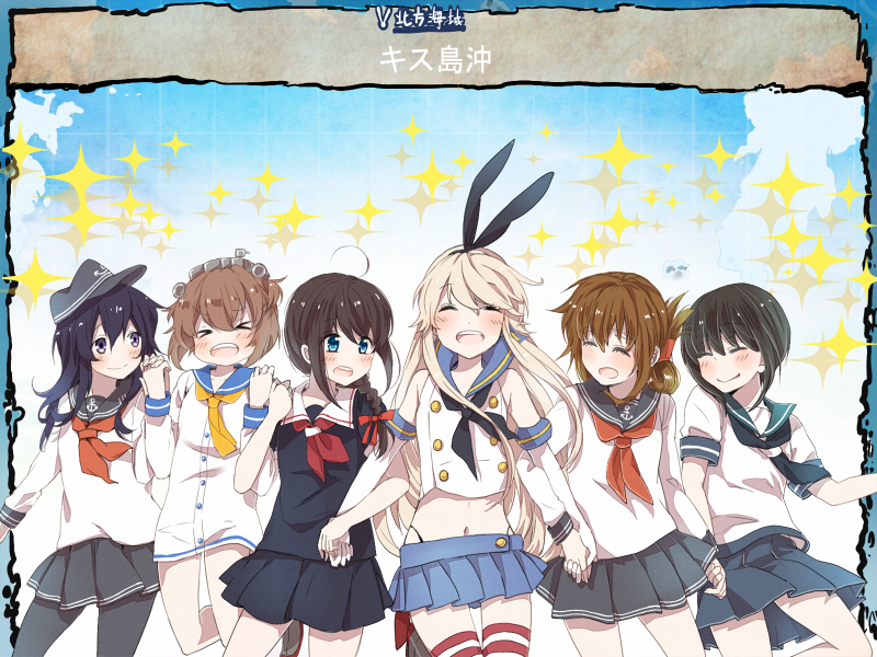 akatsuki_(kantai_collection), black_hair, blonde_hair, blue_eyes, brown_hair, folded_ponytail, fubuki_(kantai_collection), fukusuke_teitoku