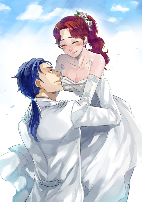 1boy, 1girl, ahiru1126, bare_shoulders, blue_hair, closed_eyes, couple, dress