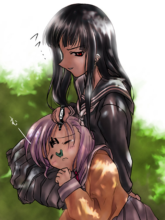 2girls, atlach-nacha, black_hair, hirasaka_hatsune, long_hair, marker, miyama_kanako, school_uniform