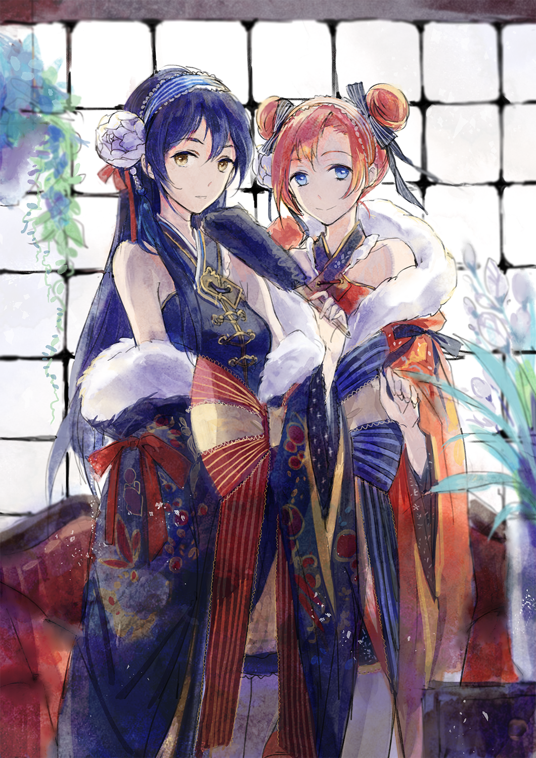 2girls, alternate_costume, alternate_hairstyle, bare_shoulders, blonde_hair, blue_eyes, blue_hair, chairlog