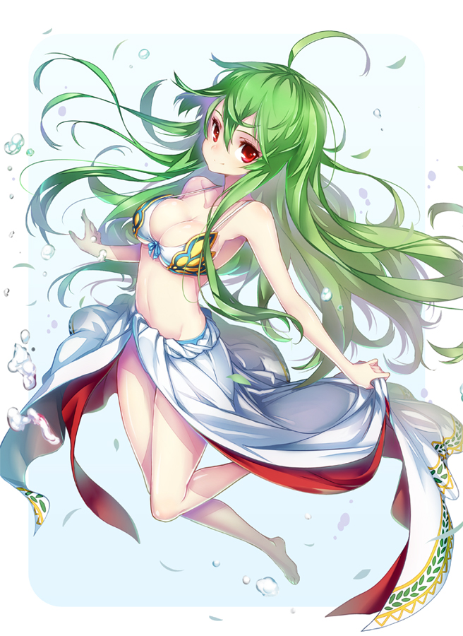 1girl, ahoge, athena_(p&amp;d), barefoot, bikini, blush, breasts, cleavage, front-tie_top, green_hair, hong_(white_spider), large_breasts, long_hair, looking_at_viewer, puzzle_&amp;_dragons, red_eyes, sarong, smile, solo, swimsuit, very_long_hair