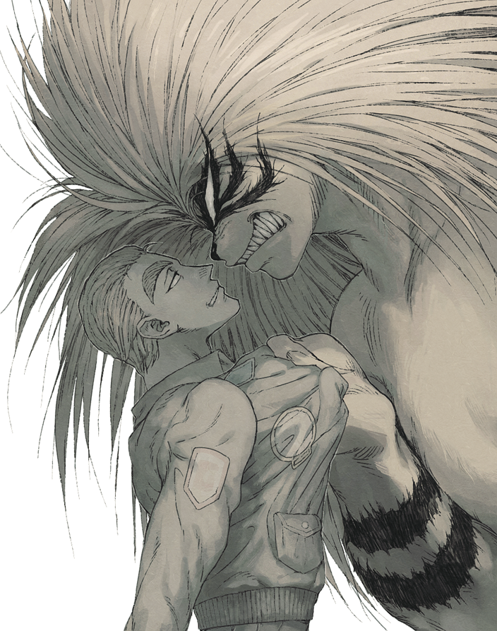 2boys, akiba_nagare, akutsumi, collar_grab, face-to-face, long_hair, monochrome, monster, multiple_boys, sharp_teeth, short_hair, tora_(ushio_to_tora), ushio_to_tora