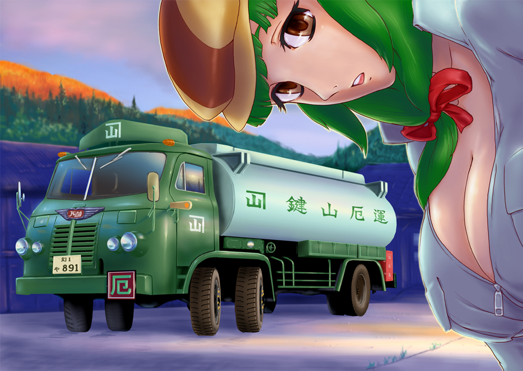 1girl, hayachine, kagiyama_hina, leaning_forward, solo, tank_truck, touhou