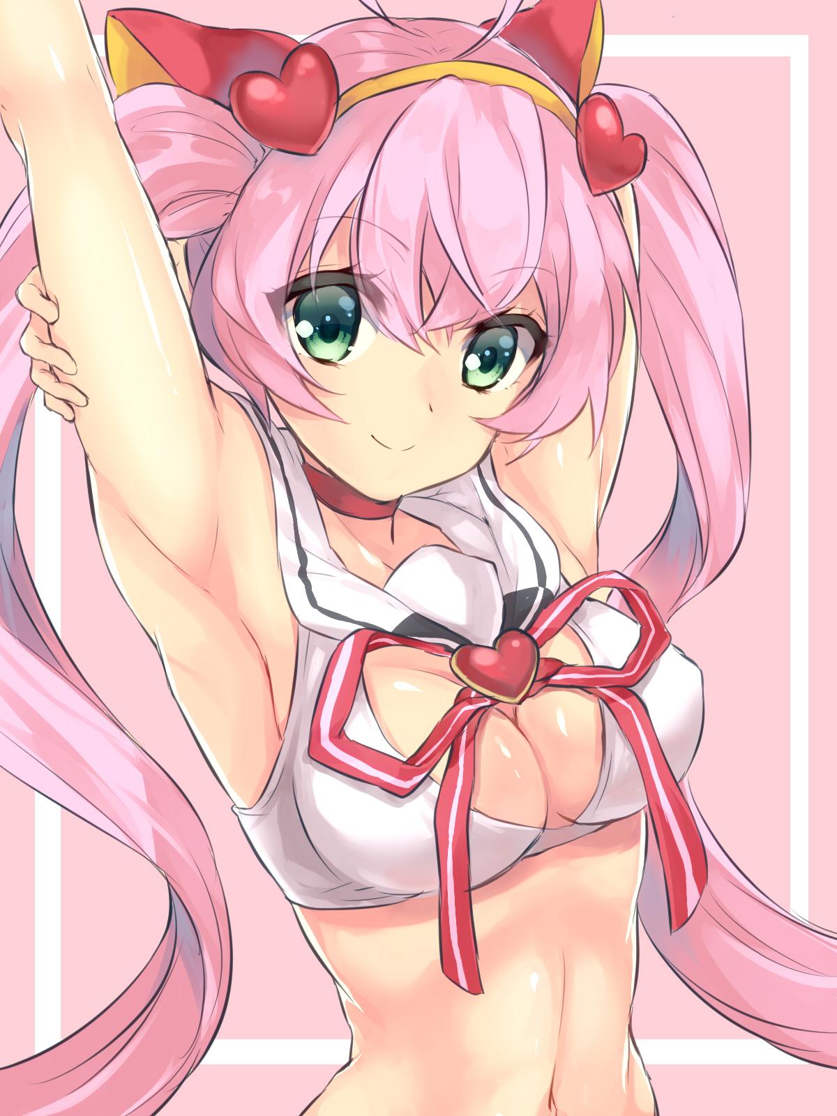 1girl, animal_ears, arm_behind_head, armpits, arms_up, bow, breasts, cleavage