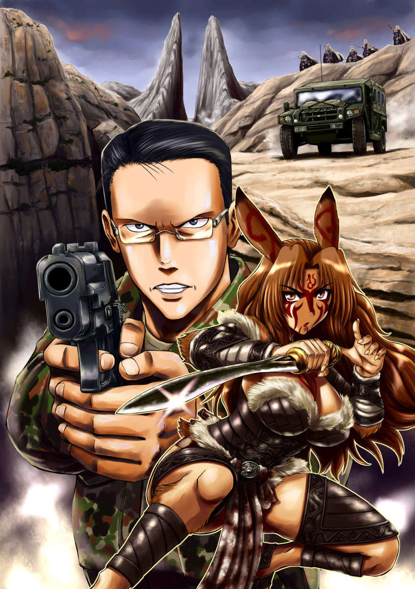1boy, 1girl, animal_ears, armor, black_hair, blue_eyes, breasts, brown_eyes