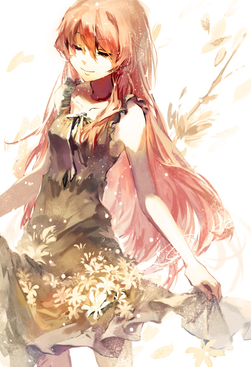 1girl, cathy_inaba, closed_eyes, collarbone, flower, highres, holding_clothes, long_hair