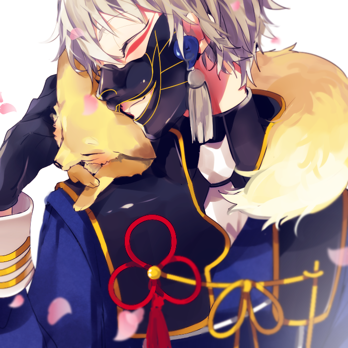 1boy, akiru_(hokuouhuuhu), animal_on_shoulder, armor, black_gloves, closed_eyes, earrings, fox