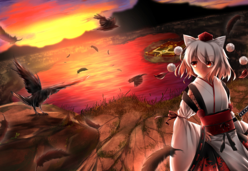 1girl, animal_ears, aru0607, bird, cowboy_shot, crow, detached_sleeves, dutch_angle