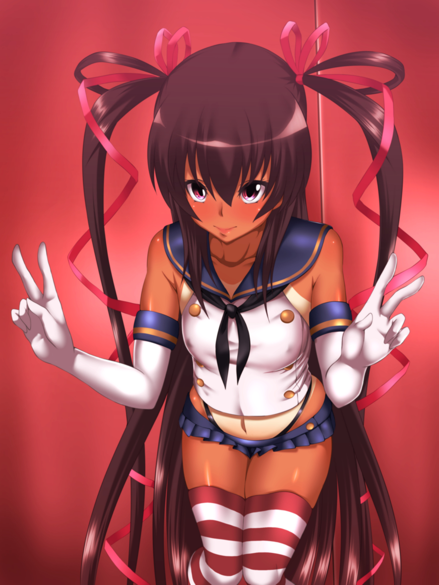 1girl, black_panties, brown_hair, cosplay, elbow_gloves, gloves, hair_ribbon, highleg