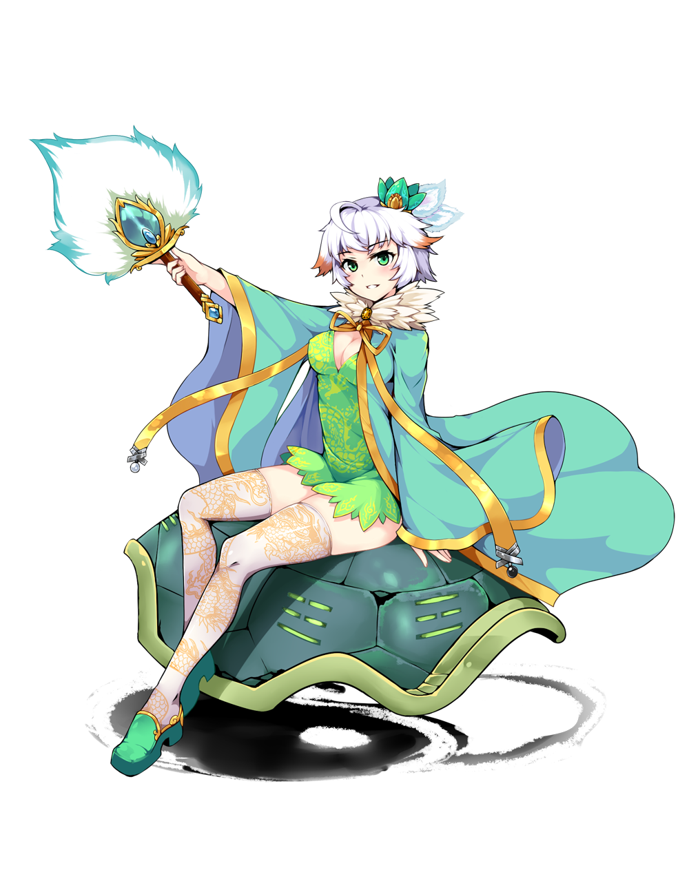 1girl, aisha_(sennen_sensou_aigis), breasts, cleavage, dragon_print, fan, fur_collar, hair_flaps