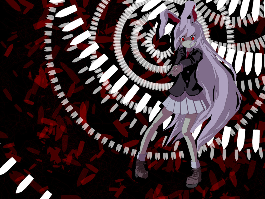blazer, bullet, bunny_ears, crazy_eyes, danmaku, finger_gun, long_hair, pleated_skirt