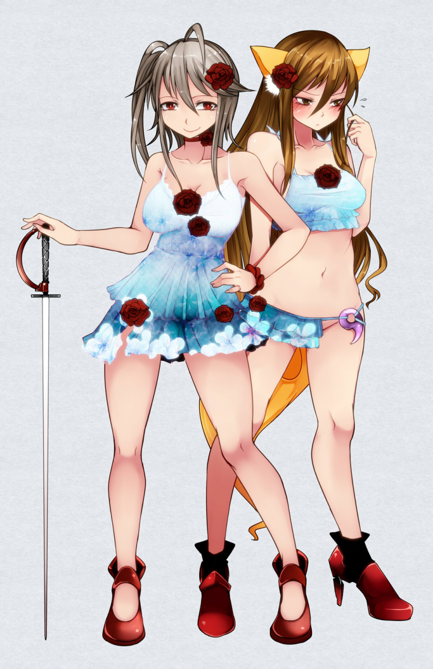 2girls, aoshima, blush, breasts, brown_eyes, brown_hair, character_name, dress