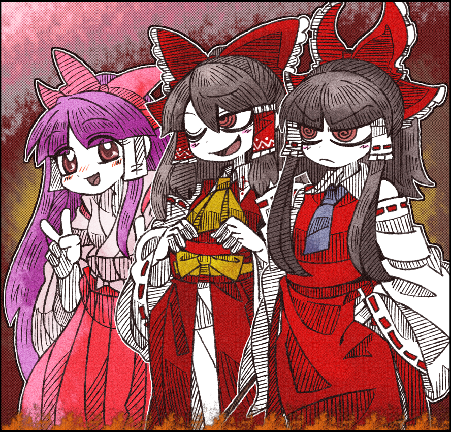 3girls, ascot, blush, border, bow, brown_hair, detached_sleeves, hair_ornament, hair_ribbon, hair_tubes, hakurei_reimu, hakurei_reimu_(pc-98), japanese_clothes, long_hair, long_sleeves, looking_at_viewer, looking_away, looking_up, miko, multiple_girls, multiple_persona, one_eye_closed, purple_hair, red_eyes, ribbon, shirt, short_hair, skirt, skirt_set, smile, smirk, suenari_(peace), touhou, touhou_(pc-98), v, wide_sleeves