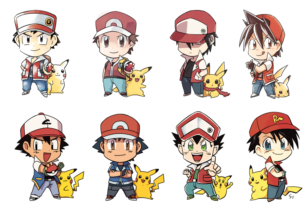 6+boys, akai_isamu_(pokemon), baseball_cap, black_hair, brown_hair, chibi, fingerless_gloves, gloves