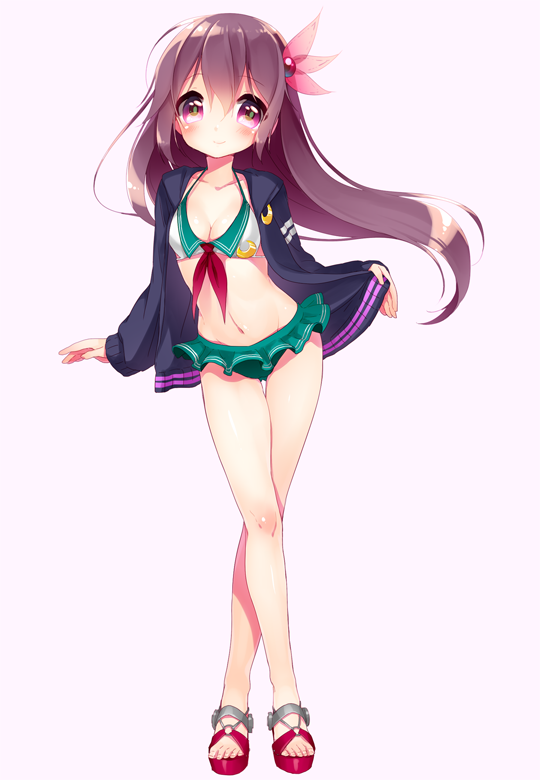 1girl, adapted_costume, bikini, bikini_bottom, bikini_top, breasts, brown_hair, crescent_moon