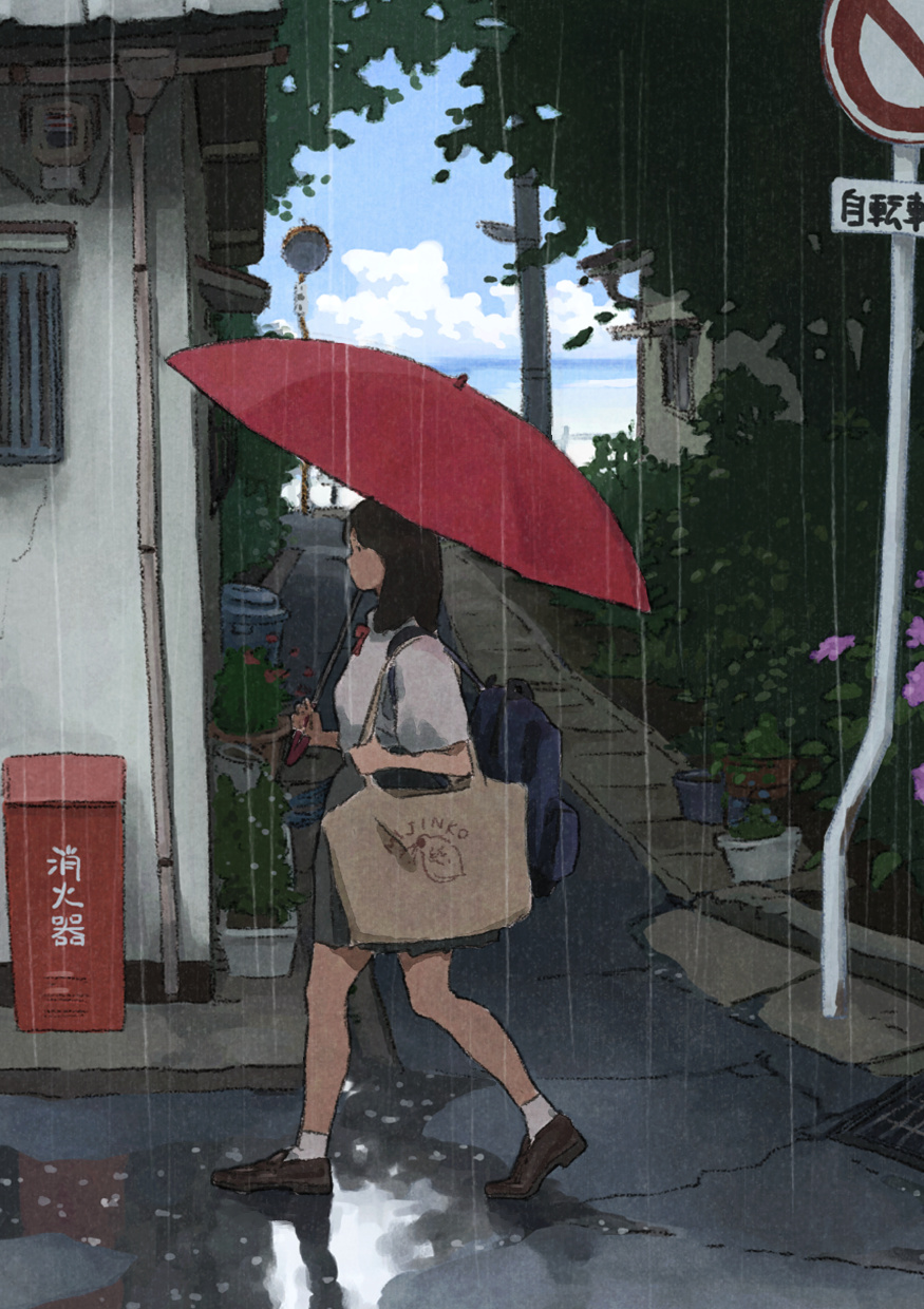 1girl, alley, ankle_socks, backpack, bag, beach, black_hair, clouds