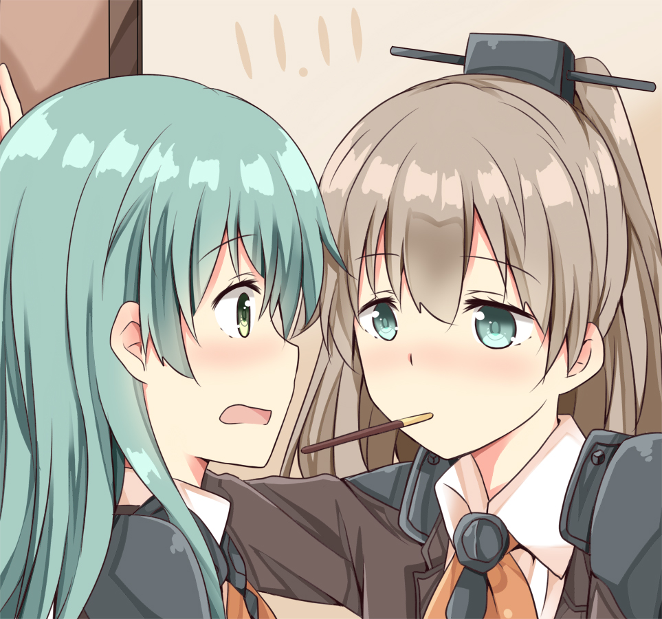 2girls, blue_eyes, brown_hair, close-up, green_eyes, green_hair, hair_ornament, jitai