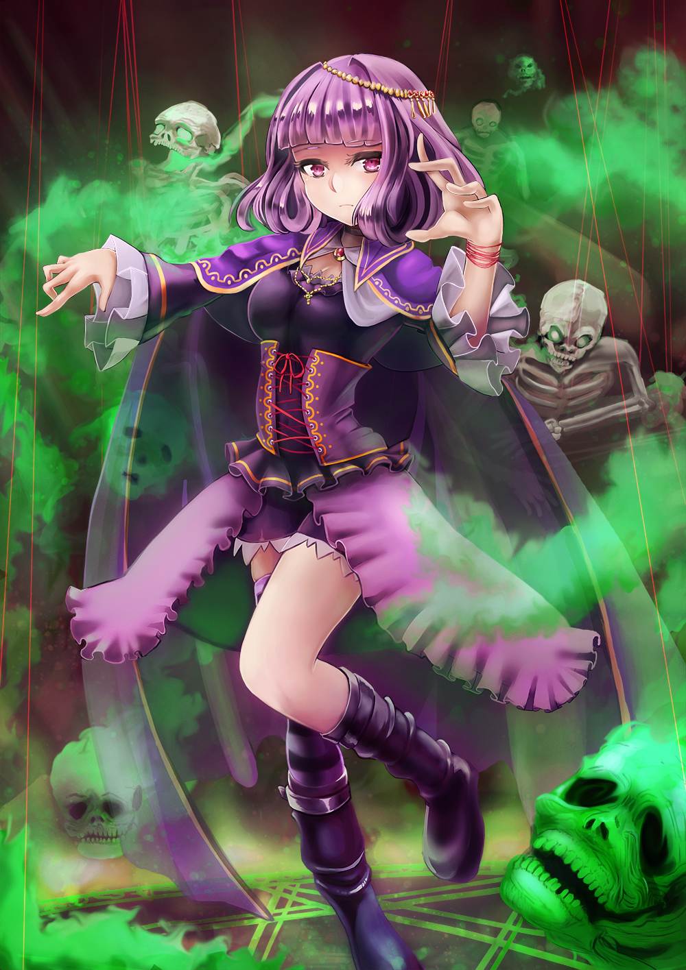 1girl, breasts, cape, choker, cleavage, corset, dress, hair_ornament, hexagram, highres, komakinyan, looking_at_viewer, original, purple_dress, purple_hair, short_hair, skeleton, violet_eyes