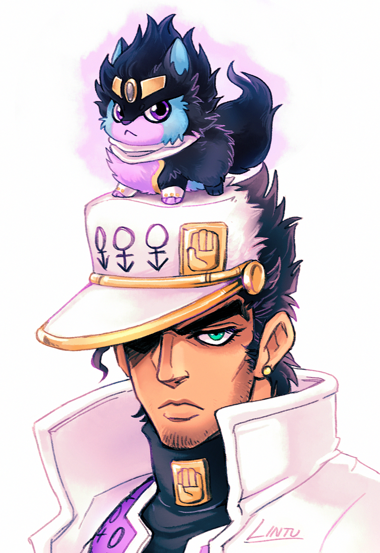 :<, animal_on_head, animalization, aura, black_hair, earrings, facial_hair, green_eyes