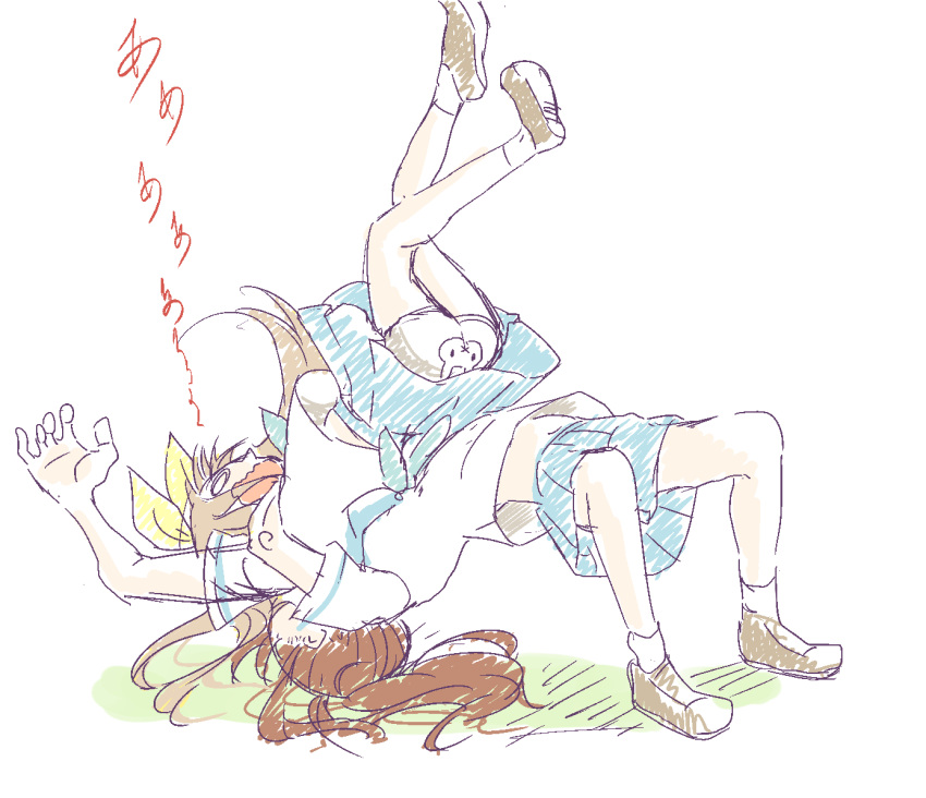 2girls, :x, brown_hair, german_suplex, hibike!_euphonium, multiple_girls, nakagawa_natsuki, navel