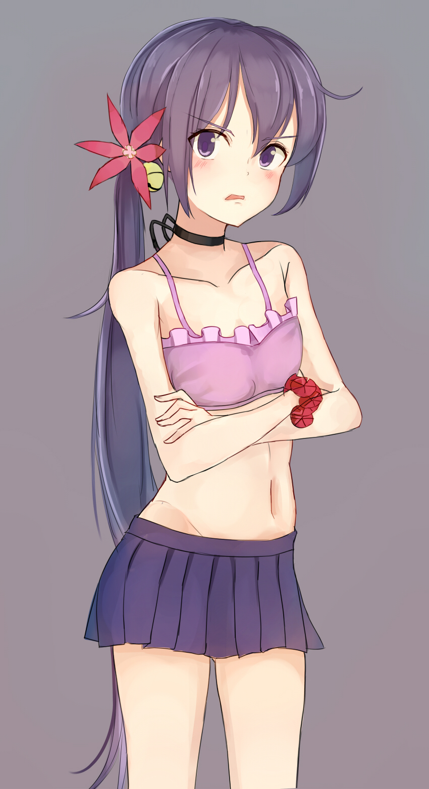 1girl, akebono_(kantai_collection), angry, asymmetrical_hair, bare_arms, bell, bikini, bikini_top