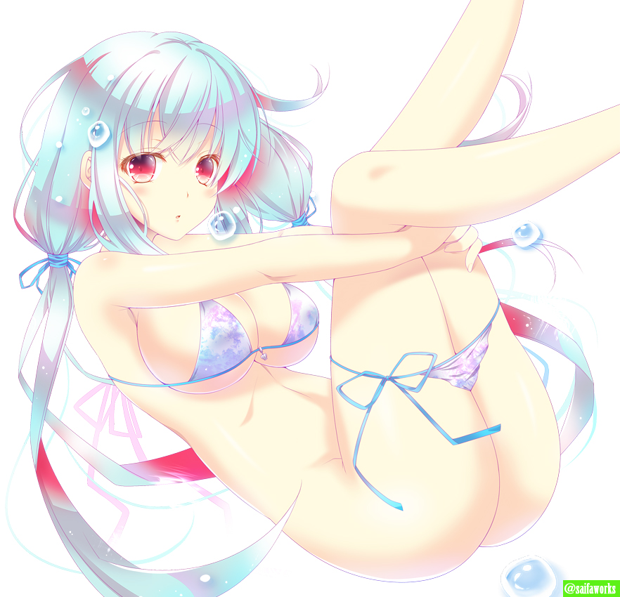 1girl, bikini, blue_bikini, blush, breasts, hair_ribbon, kirise, large_breasts